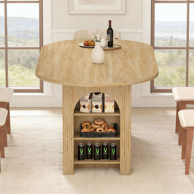 Tabela de refeição de venda por atacado de fábrica com 6 lugares Sala de jantar de casa Tabela de refeição de madeira oval com prateleiras de armazenamento