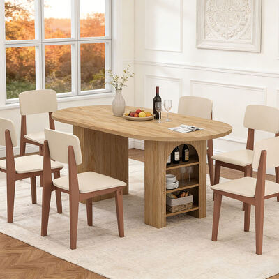 Tabela de refeição de venda por atacado de fábrica com 6 lugares Sala de jantar de casa Tabela de refeição de madeira oval com prateleiras de armazenamento