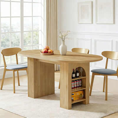 Tabela de refeição de venda por atacado de fábrica com 6 lugares Sala de jantar de casa Tabela de refeição de madeira oval com prateleiras de armazenamento