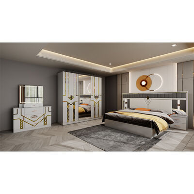 Conjunto Completo de Móveis de Quarto de Luxo de Madeira Tamanho Queen, Guarda-Roupa, Cômoda e Cama King Dupla de Couro com Design Moderno para Venda por Atacado