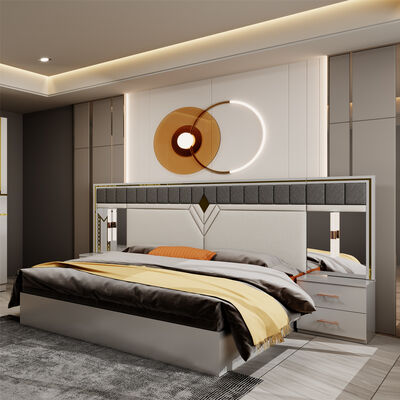 Conjunto Completo de Móveis de Quarto de Luxo de Madeira Tamanho Queen, Guarda-Roupa, Cômoda e Cama King Dupla de Couro com Design Moderno para Venda por Atacado