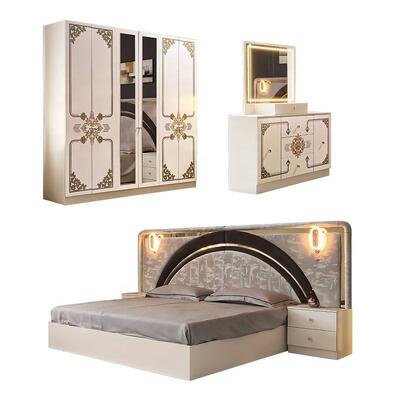 Modern Luxury White Gold Complete Bedroom Sets High Gloss LED Headboard King Size Bed Frame Master Bedroom Furniture Set