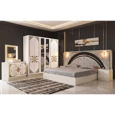 Modern Luxury White Gold Complete Bedroom Sets High Gloss LED Headboard King Size Bed Frame Master Bedroom Furniture Set