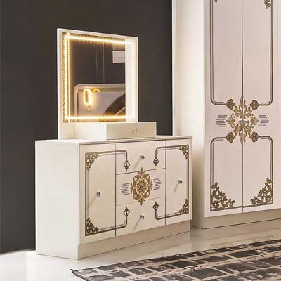 Modern Luxury White Gold Complete Bedroom Sets High Gloss LED Headboard King Size Bed Frame Master Bedroom Furniture Set