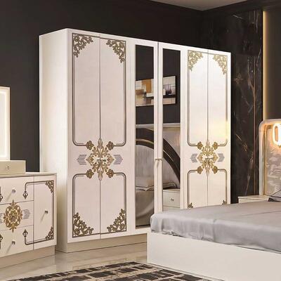 Modern Luxury White Gold Complete Bedroom Sets High Gloss LED Headboard King Size Bed Frame Master Bedroom Furniture Set