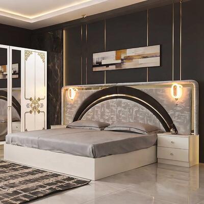 Modern Luxury White Gold Complete Bedroom Sets High Gloss LED Headboard King Size Bed Frame Master Bedroom Furniture Set