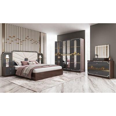 Modern Luxury Bedroom Furniture Set Frame de madeira de alto brilho Cinza King Size Cama Master Room Suite Turkish Bedroom Sets Mobiliário