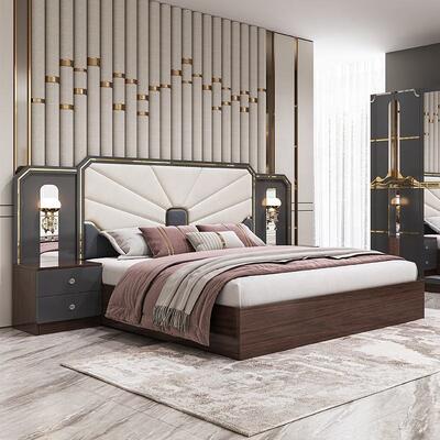 Modern Luxury Bedroom Furniture Set Frame de madeira de alto brilho Cinza King Size Cama Master Room Suite Turkish Bedroom Sets Mobiliário
