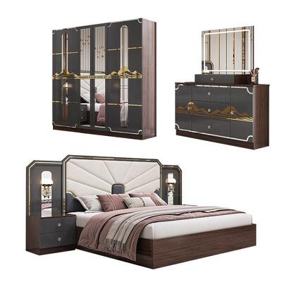 Modern Luxury Bedroom Furniture Set Frame de madeira de alto brilho Cinza King Size Cama Master Room Suite Turkish Bedroom Sets Mobiliário