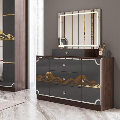 Modern Luxury Bedroom Furniture Set Frame de madeira de alto brilho Cinza King Size Cama Master Room Suite Turkish Bedroom Sets Mobiliário