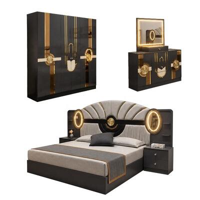 Conjuntos Completos de Quarto de Luxo Real Turco, Tamanho King, Suíte de Quarto, Cabeceira Iluminada, Estrutura de Madeira, Conjunto Moderno de Mobiliário de Quarto
