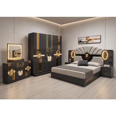 Conjuntos Completos de Quarto de Luxo Real Turco, Tamanho King, Suíte de Quarto, Cabeceira Iluminada, Estrutura de Madeira, Conjunto Moderno de Mobiliário de Quarto
