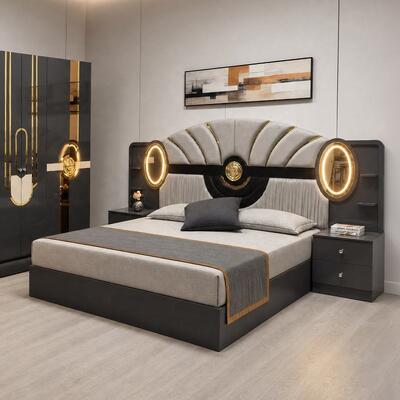 Conjuntos Completos de Quarto de Luxo Real Turco, Tamanho King, Suíte de Quarto, Cabeceira Iluminada, Estrutura de Madeira, Conjunto Moderno de Mobiliário de Quarto
