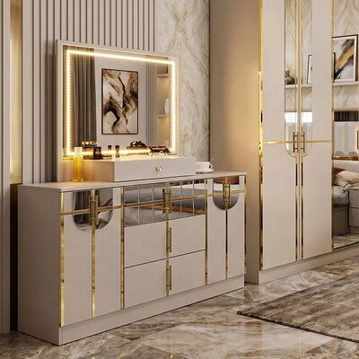 Conjuntos Completos de Quarto de Luxo Real de Alto Brilho Tamanho King 5 Peças Estrutura de Madeira Mobiliário Moderno Turco para Quarto