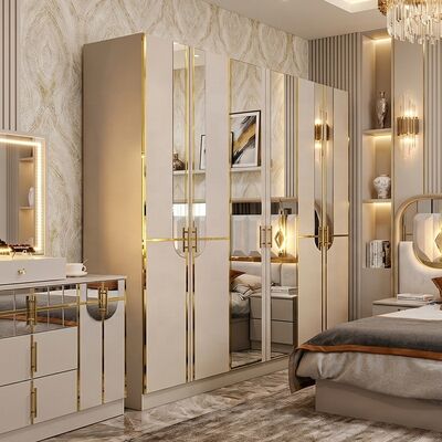 Conjuntos Completos de Quarto de Luxo Real de Alto Brilho Tamanho King 5 Peças Estrutura de Madeira Mobiliário Moderno Turco para Quarto