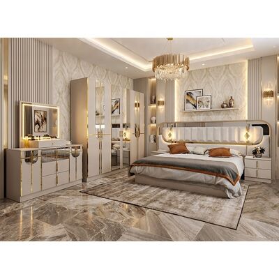 Conjuntos Completos de Quarto de Luxo Real de Alto Brilho Tamanho King 5 Peças Estrutura de Madeira Mobiliário Moderno Turco para Quarto