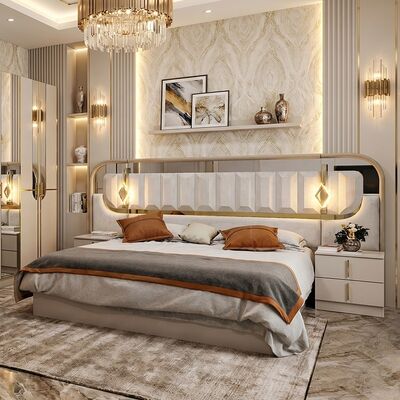 Conjuntos Completos de Quarto de Luxo Real de Alto Brilho Tamanho King 5 Peças Estrutura de Madeira Mobiliário Moderno Turco para Quarto