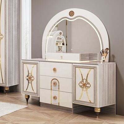 Conjunto de Móveis de Quarto Moderno King Size Luxuoso com Cabeceira Iluminada, Cama de Casal Conjunto de Estrutura de Madeira Completa para Quarto Principal Turco