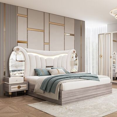 Conjunto de Móveis de Quarto Moderno King Size Luxuoso com Cabeceira Iluminada, Cama de Casal Conjunto de Estrutura de Madeira Completa para Quarto Principal Turco