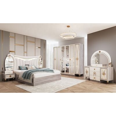 Conjunto de Móveis de Quarto Moderno King Size Luxuoso com Cabeceira Iluminada, Cama de Casal Conjunto de Estrutura de Madeira Completa para Quarto Principal Turco
