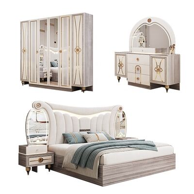 Conjunto de Móveis de Quarto Moderno King Size Luxuoso com Cabeceira Iluminada, Cama de Casal Conjunto de Estrutura de Madeira Completa para Quarto Principal Turco