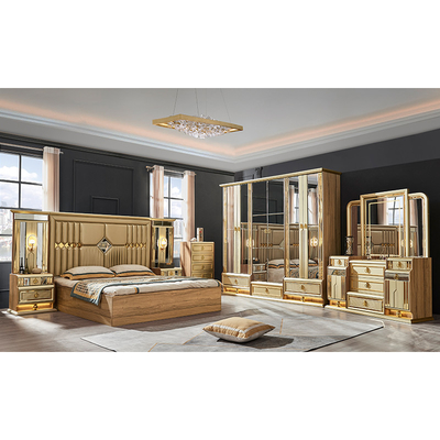 Cama de madeira de ouro moderno de tamanho King Cama dupla de quarto principal Vila Casa Real Full Queen Madeira Luxury Set de móveis de quarto