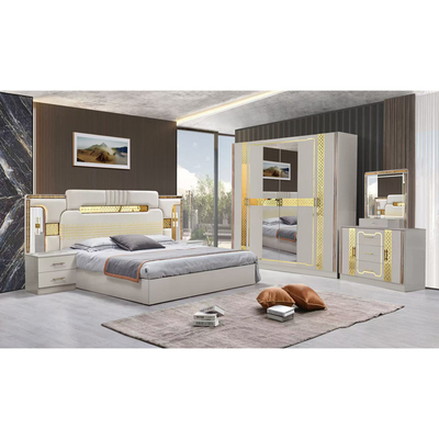 Estilo turco de luxo Quadro de madeira King Size Set de cama Led Headboard Modern Classic Full Home Set de quarto de madeira Mobiliário